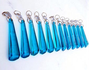 Teal Blue Sun Catchers Chandelier Drops Glass Crystals Droplets 3" Icicle Beads Art Deco Christmas Tree Wedding Decorations Light Lamp Parts