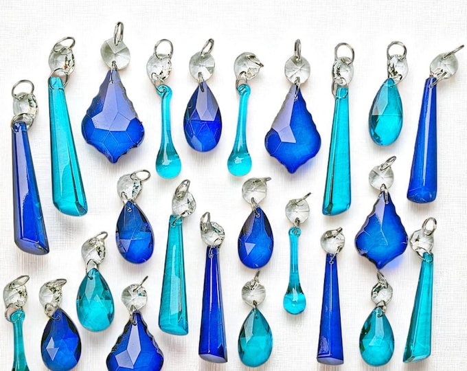 12 or 24 Chandelier Cut Glass Teal & Cobalt Blue Sun Catchers Crystals Prisms Beads Vintage Christmas Tree Wedding Decorations Light Parts