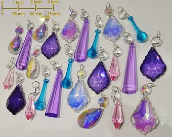 24 Aurora Borealis AB Pink Purple Chandelier Drops Glass Crystals Droplets Beads Christmas Tree Wedding Wishing Decoration Crafts Lamp Parts