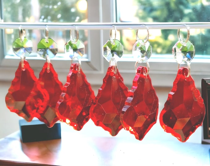 Ruby Red Chandelier Drops 2" Leaf Cut Glass Crystals Droplets Beads Vintage Christmas Tree Wedding Decorations Lamp Light Parts Sun Catchers
