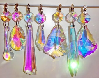 Choice of 7 Aurora Borealis AB Chandelier Vintage Cut Glass Iridescent Crystals Prisms Droplets Beads Christmas Tree Light Parts Spare Drops