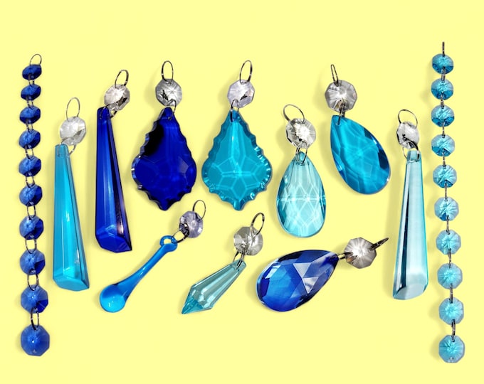 Cobalt or Teal Blue Chandelier Prisms Light Parts Drops Glass Crystals Droplets Beads Vintage Christmas Tree Wedding Decorations Spare Parts