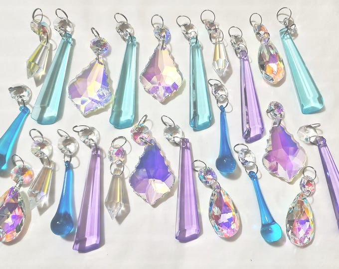 12 or 24 Aurora Borealis AB Pastel Chandelier Drops Cut Glass Crystals Droplets Beads Christmas Tree Wedding Garden Decorations Light Parts