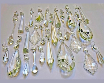 24 Chandelier Drops Parts Glass & XL Prisms Crystals Shabby Droplets Beads Christmas Tree Wedding Decorations Bundle Light Lamp Chic Parts