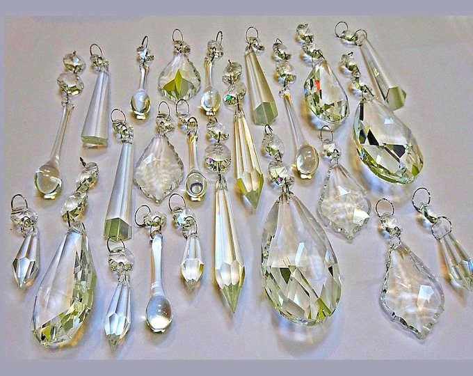 24 Chandelier Drops Parts Glass & XL Prisms Crystals Shabby Droplets Beads Christmas Tree Wedding Decorations Bundle Light Lamp Chic Parts