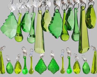 12 or 24 Sage & Emerald Green Christmas Tree Decorations Chandelier Drops Glass Crystals Droplets Prisms Beads Vintage Retro Wedding Baubles