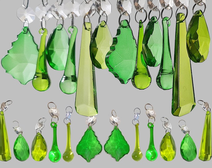 12 or 24 Sage & Emerald Green Christmas Tree Decorations Chandelier Drops Glass Crystals Droplets Prisms Beads Vintage Retro Wedding Baubles