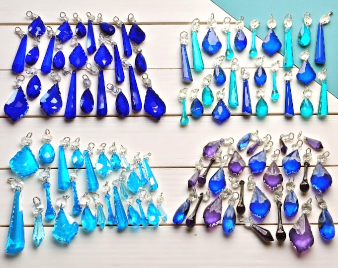 Choice of 4 Teal Blue Purple Sets Chandelier Drops Glass Crystals Droplets Boho Beads Vintage Christmas Tree Wedding Decorations Light Parts