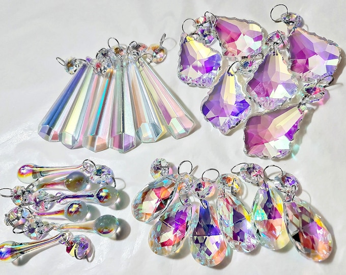 12 or 24 Aurora Borealis AB Chandelier Drops Glass Crystals Iridescent Droplets Beads Christmas Tree Wedding Decorations Crafts Sun Catchers