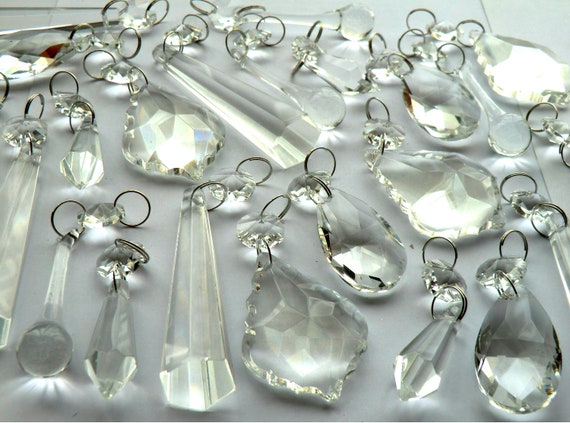 25 Chandelier Drops Clear Glass Antique Shapes Crystals Droplets Prisms  Beads Christmas Tree Wedding Decorations Light Crafts Parts Vintage 