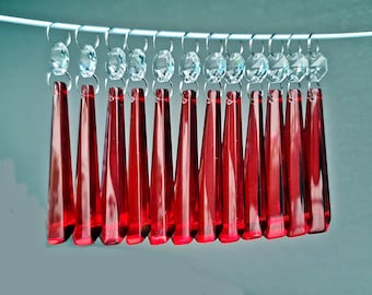 Red Chandelier Crystals Droplets Icicle Beads 3" Glass Christmas Tree Wedding or Window Decorations Retro Light Parts Prisms Sun Catchers