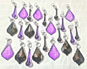 12 or 24 Gothic Purple & Black Chandelier Drops Glass Crystals Droplets Retro Wedding Beads Window Christmas Tree Decorations Light Parts