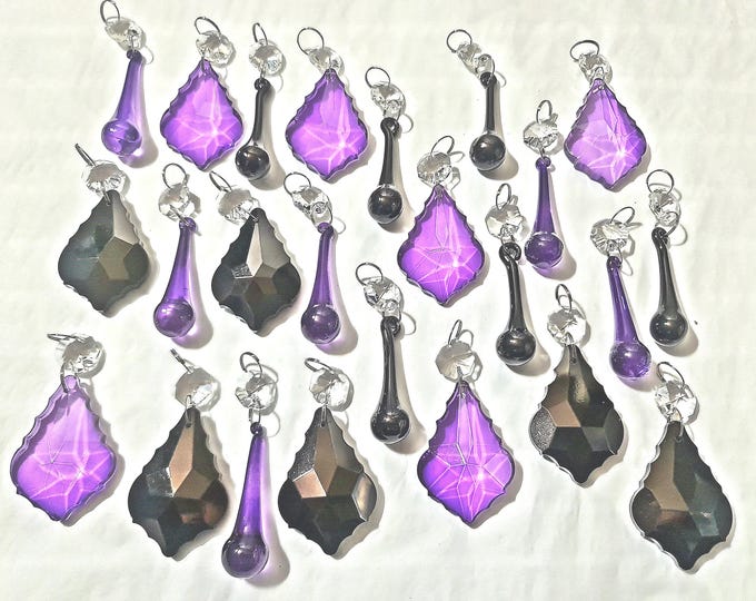 12 or 24 Gothic Purple & Black Chandelier Drops Glass Crystals Droplets Retro Wedding Beads Window Christmas Tree Decorations Light Parts