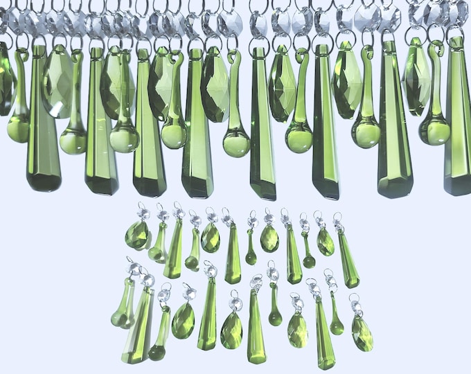 12 20 or 24 Sage Green Chandelier Drops Glass Crystals Droplets Crafts Beads Vintage Christmas Tree Wedding Wishing Decorations Light Parts