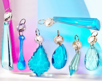 Choice of 8 Teal Blue Chandelier Drops Sun Catcher Glass Crystals Droplets Beads Vintage Christmas Tree Wedding Decorations Craft Lamp Parts
