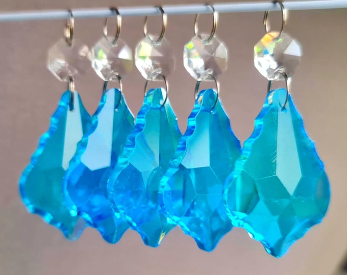 Turquoise Teal Chandelier Drops Glass Crystals Droplets Prisms Leaf Vintage Christmas Tree Wedding Decoration Beads Lamp Light Deco Parts