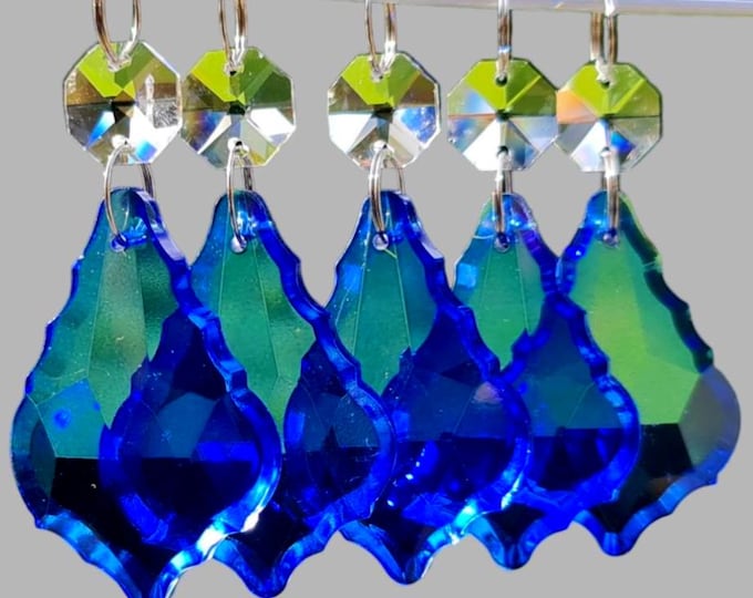 Cobalt Blue Chandelier Drops Glass Crystals Droplets Prism 2" Leaf Vintage Christmas Tree Wedding Decorations Beads Sun Catchers Lamp Parts