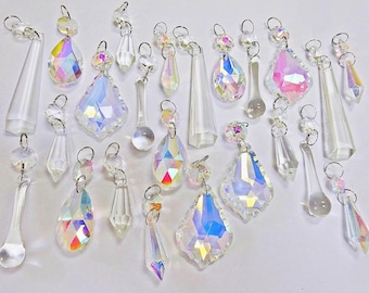 24 Clear & Aurora Borealis AB Mix of Chandelier Drops Glass Crystals Droplets Beads Christmas Tree Wedding Decoration Mix Light Lamp Parts