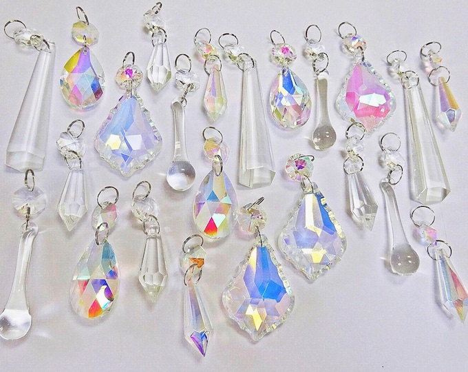 24 Clear & Aurora Borealis AB Mix of Chandelier Drops Glass Crystals Droplets Beads Christmas Tree Wedding Decoration Mix Light Lamp Parts