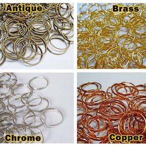May include: A collection of four different coloured metal jump rings. The rings are in antique, brass, chrome, and copper finishes.
