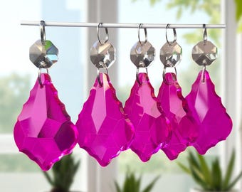 Raspberry Pink Chandelier Drops 2" Leaf Glass Crystals Droplets Pendalogue Beads Vintage Christmas Tree Wedding Decorations Craft Parts Deco