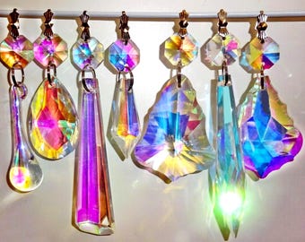 Choice of 7 Aurora Borealis AB Chandelier Vintage Cut Glass Iridescent Crystals Prisms Droplets Beads Christmas Tree Light Parts Spare Drops