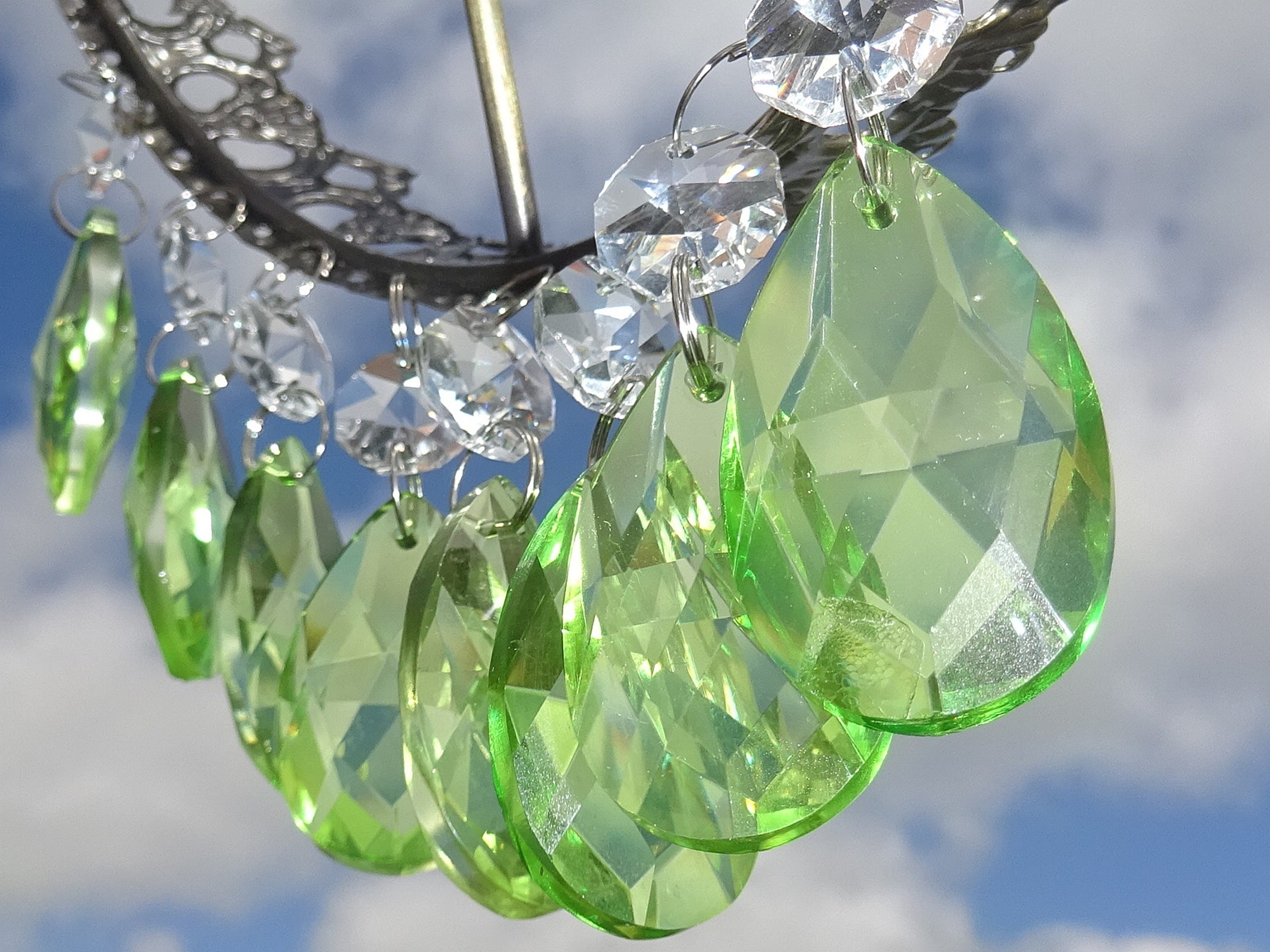 10 CHANDELIER CUT GLASS CRYSTALS DROPLETS ANTIQUE GREEN OVAL LIGHT SPARE DROPS 