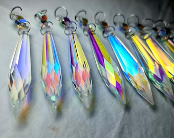 Aurora Borealis AB Chandelier Drops Iridescent Glass 3" Icicle Crystals Droplets Beads Christmas Tree Wedding Light Parts Spare Lamp Prisms
