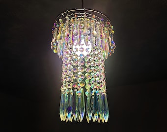Unique Waterfall Chandelier Pendant Light 7.5" x 12" Customizable - Aurora Borealis Bespoke Ceiling Hanging Lamp Easy Fit Contemporary Retro