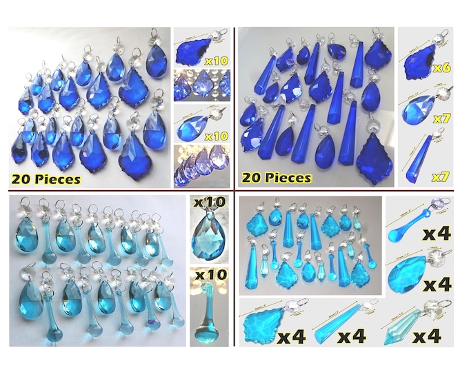 Choose From 4 Sets of 20 Piece Teal Blue Aqua Chandelier Drops Cut Glass Crystals Droplets Vintage Christmas Tree Wedding Decorations Prisms