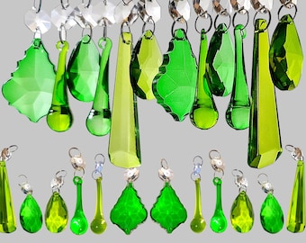 12 or 24 Sage & Emerald Green Christmas Tree Decorations Chandelier Drops Glass Crystals Droplets Prisms Beads Vintage Retro Sun Catchers