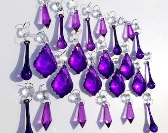 24 Antique Purple Chandelier Drops Glass Crystals Droplets Chic Vintage Christmas Tree Wedding Decorations Retro Light Crafts Beads Prisms