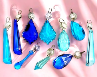 Choice of 8 Teal Blue Chandelier Drops Sun Catcher Glass Crystals Droplets Beads Vintage Christmas Tree Wedding Decorations Craft Lamp Parts