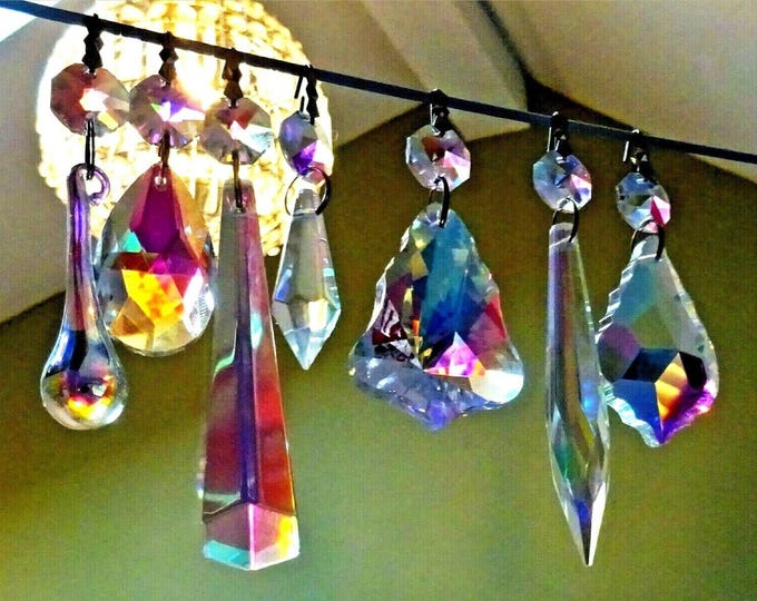 Choice of 7 Aurora Borealis AB Chandelier Vintage Cut Glass Iridescent Crystals Prisms Droplets Beads Christmas Tree Light Parts Spare Drops