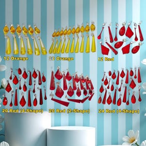 12 20 24 Sets Red & Orange Chandelier Drops Glass Crystals Droplets Beads Vintage Christmas Tree Lamp Light Crafts Parts Wedding Decorations