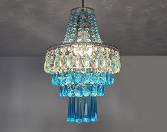 Unique Aqua Deco Boutique Chic Tiered Chandelier Pendant Light 9" x 15" Customizable - Bespoke Ceiling Lamp Easy Fit Traditional yet Retro