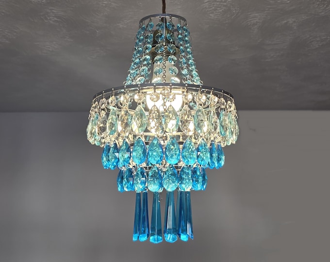 Unique Aqua Deco Boutique Chic Tiered Chandelier Pendant Light 9" x 15" Customizable - Bespoke Ceiling Lamp Easy Fit Traditional yet Retro