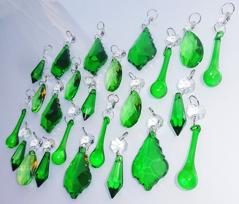 24 Emerald Green Chandelier Drops Glass Crystals Droplets Chic Prism Mix Beads Vintage Retro Tree Wedding Decorations Light Parts