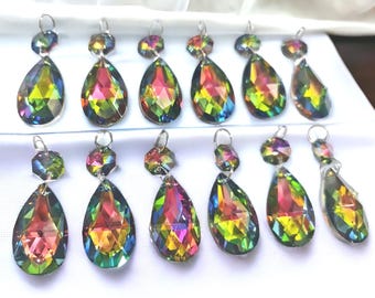 AB Vitrail Rainbow Chandelier Drops Glass Crystals Droplets Oval Prisms Beads Colour Christmas Tree Wedding Decoration Gothic Crafts Parts