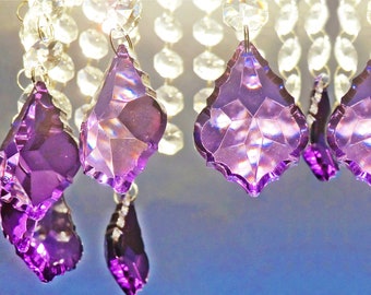Purple Chandelier Drops Glass Crystals Droplets Leaf Beads Prisms Feng Shui Vintage Christmas Tree Wedding Decorations Light Crafts Parts