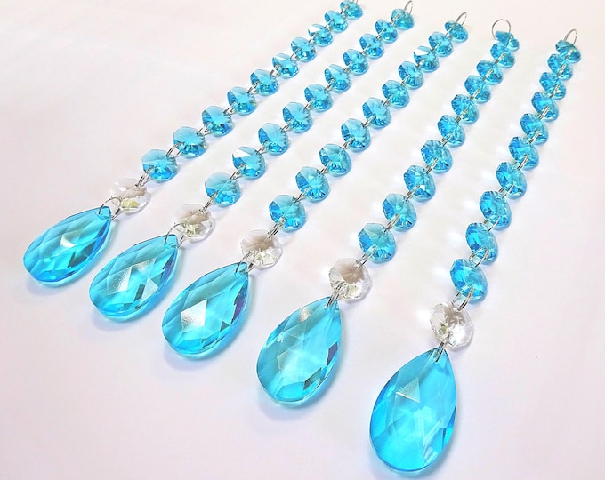 XXL Chain Vintage Aqua Teal Blue Chandelier Drops Glass Crystals Droplets Oval Prisms Christmas Tree Wedding Beads Sun Catcher Mobile Parts