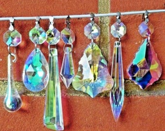 Choice of 7 Shapes Aurora Borealis AB Chandelier Drops Glass Iridescent Crystals Prisms Droplets Beads Christmas Tree Lamp Light Parts Craft