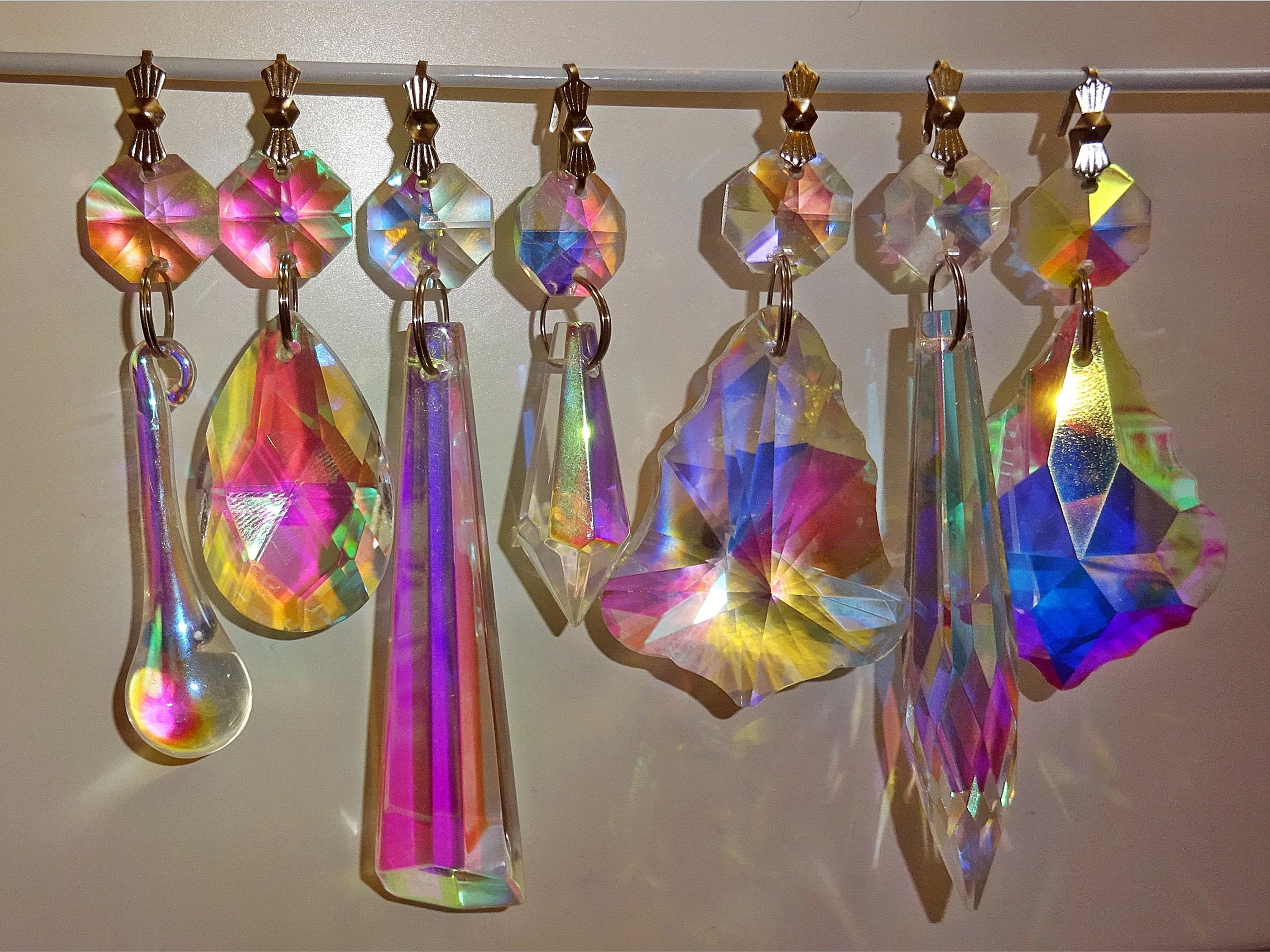 CHANDELIER GLASS CRYSTALS DROPS ANTIQUE AB DROPLETS ICICLE IRIDESCENT LAMP PARTS 