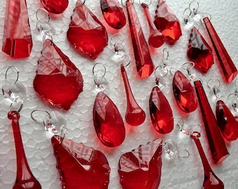 Choice of Sets of Red Art Deco Chandelier Drops Glass Crystals Droplets Vintage Christmas Tree Wedding Decorations Light Crafts Parts Beads
