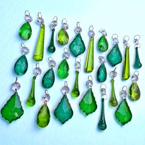 12 or 24 Emerald Sage Peacock Green Chandelier Glass Crystals Droplets Prisms Beads Vintage Christmas Tree Wedding Decorations Light Parts