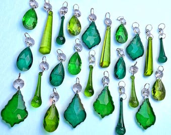 12 or 24 Emerald Sage Peacock Green Chandelier Glass Crystals Droplets Prisms Beads Vintage Christmas Tree Wedding Decorations Light Parts
