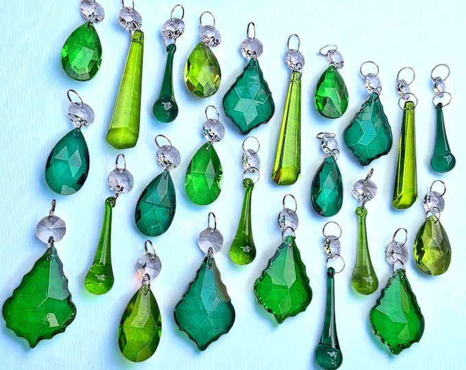 12 or 24 Emerald Sage Peacock Green Chandelier Glass Crystals Droplets Prisms Beads Vintage Christmas Tree Wedding Decorations Light Parts