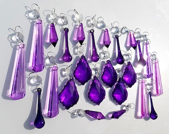 24 Victorian Purple Lilac Chandelier Drops Glass Crystals Droplets Vintage Deco Christmas Tree Wedding Decorations Light Parts Beads Prisms