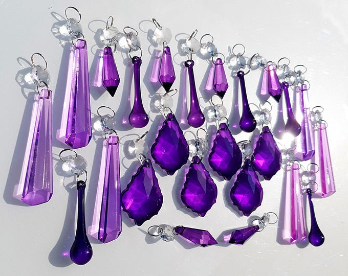 24 Victorian Purple Lilac Chandelier Drops Glass Crystals Droplets Vintage Deco Christmas Tree Wedding Decorations Light Parts Beads Prisms
