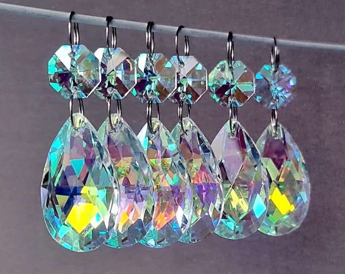 Aurora Borealis AB Chandelier Glass Crystals Teardrop 1.5" Oval Beads Christmas Tree Wedding Decorations Window Sun Catchers Light Parts